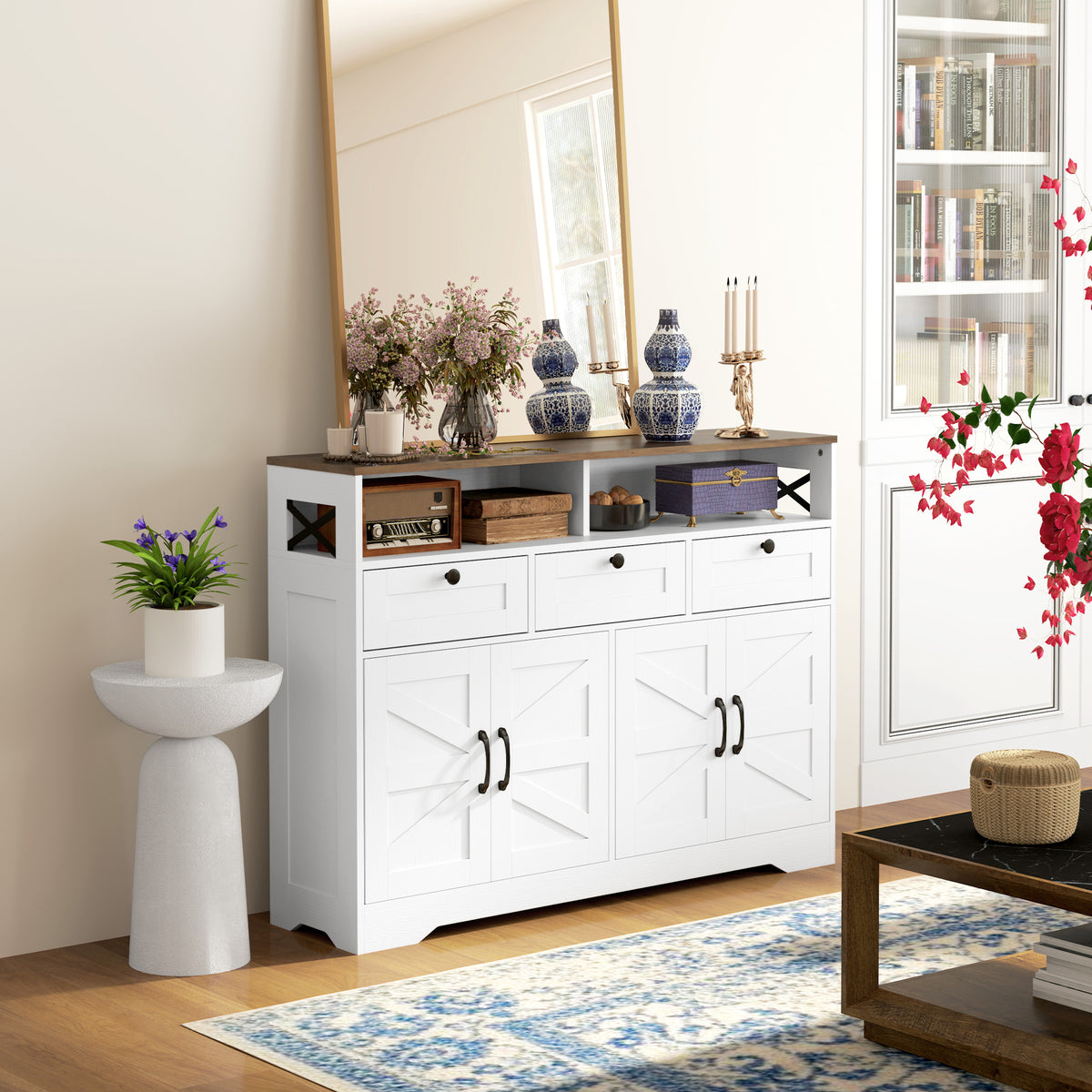 Buffet Cabinet with 4 Barn Doors and 3 Drawers – 47"W x 35"H