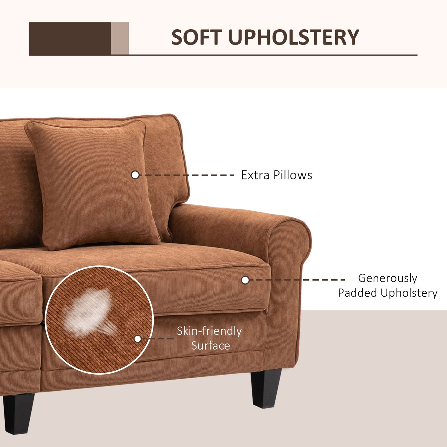 Modern Classic 3-Seater Corduroy Fabric Sofa with Pine Wood Legs, Rolled Arms, Brown