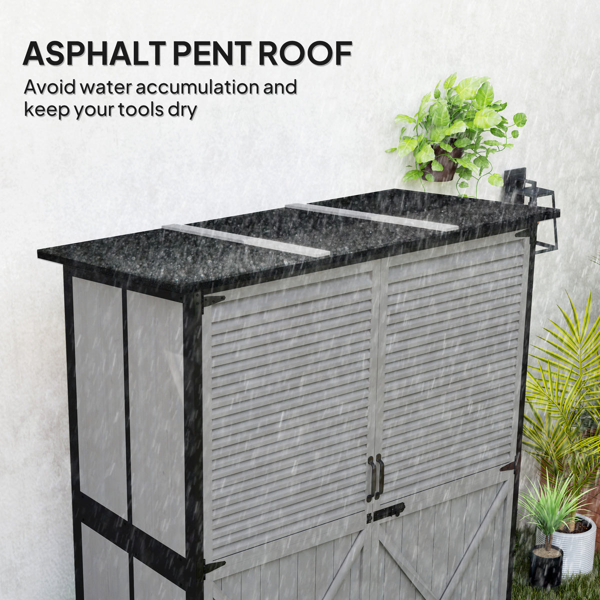 Outdoor Storage Cabinet, Wood Garden Shed with Steel Frame, Asphalt Roof, 2 Shelves and Lockable Doors