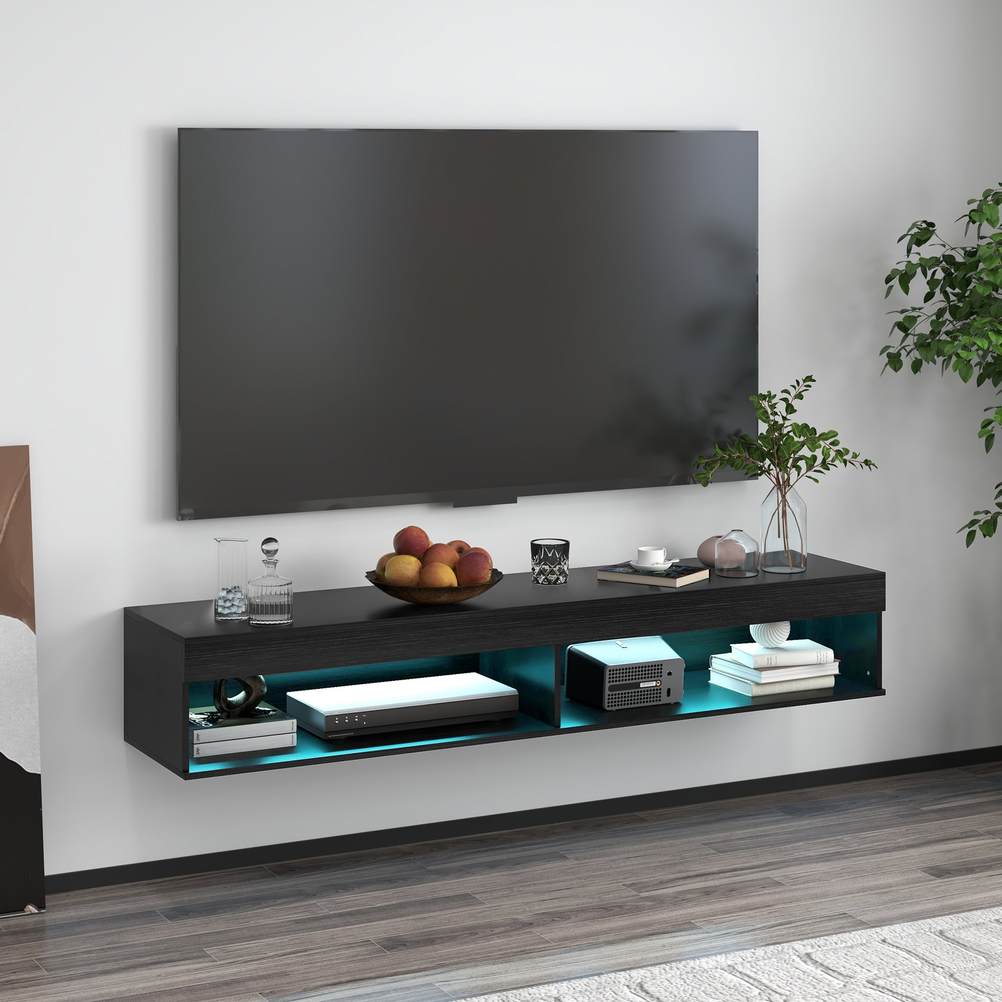 HOMCOM Modern Floating Wall Mounted TV Stand with LED Lights, Storage, Black