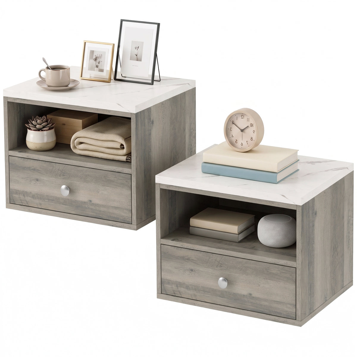 Floating Nightstands with Marble-Effect Top, Set of 2 – 11"W x 10"H