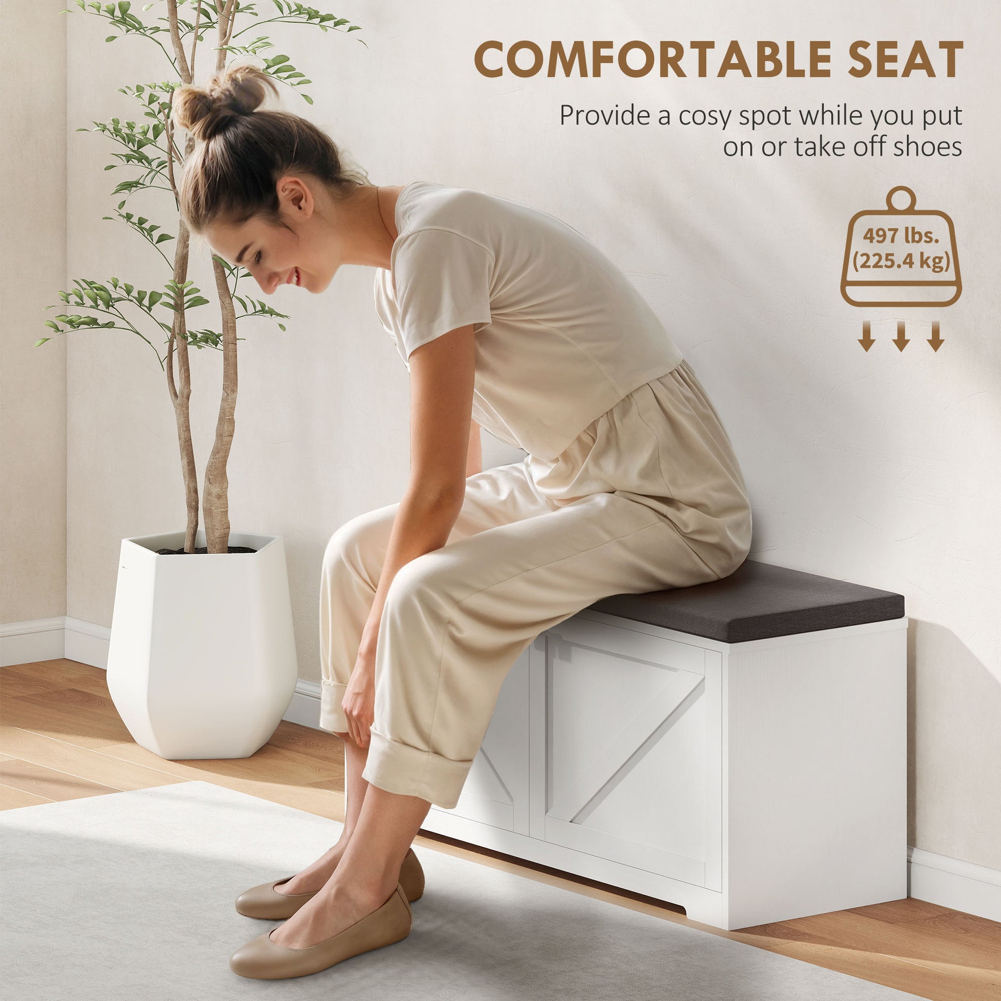 HOMCOM Entryway Shoe Storage Bench, Padded Seat, 8 Pair Organizer, White Wood Grain