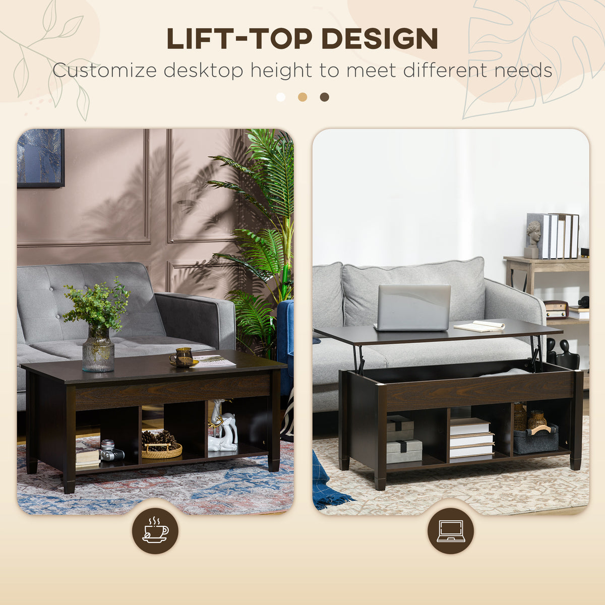 41" Lift-Top Coffee Table with Hidden Compartment and 3 Open Shelves