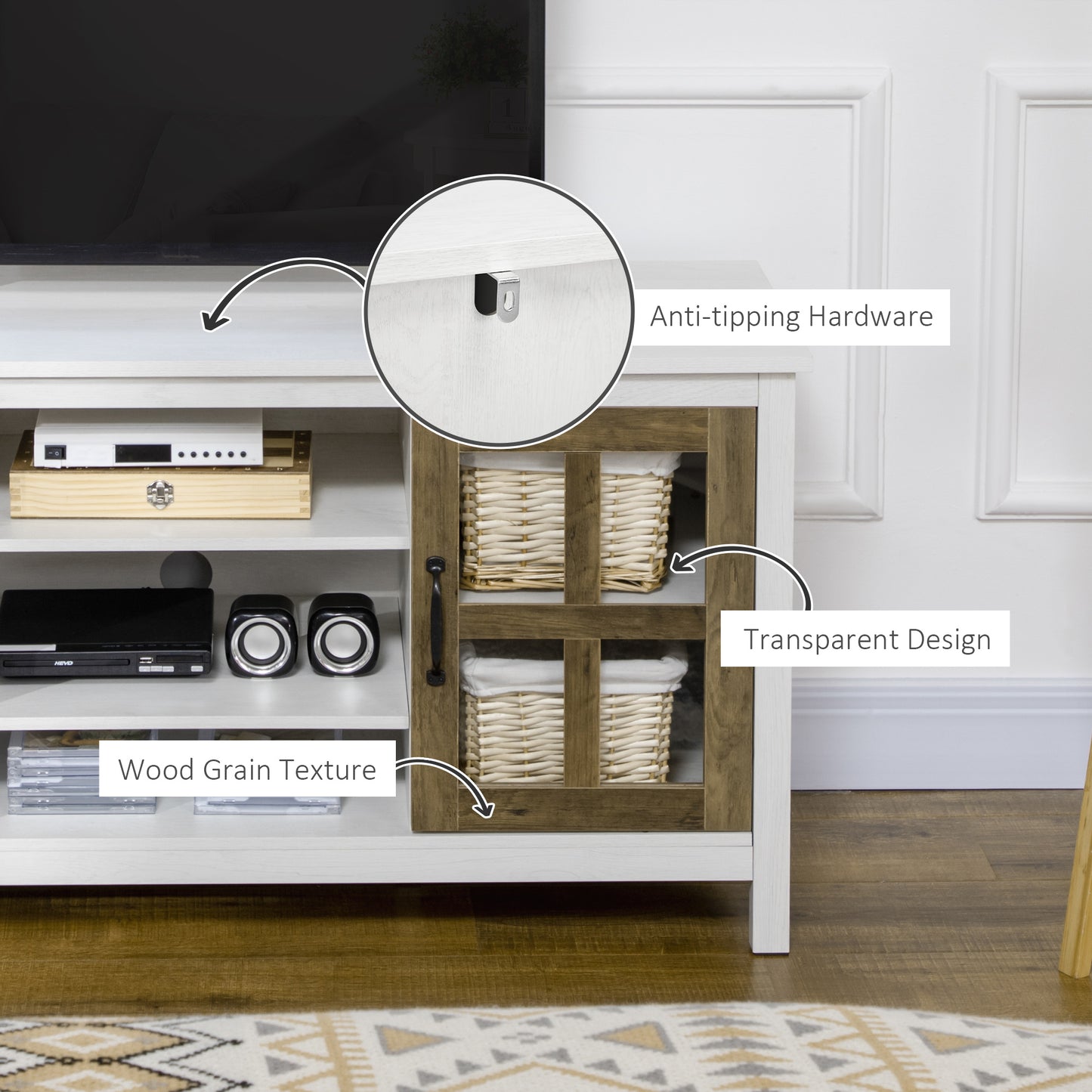 HOMCOM Modern Farmhouse TV Stand Cabinet for 55-inch TVs with Storage, White