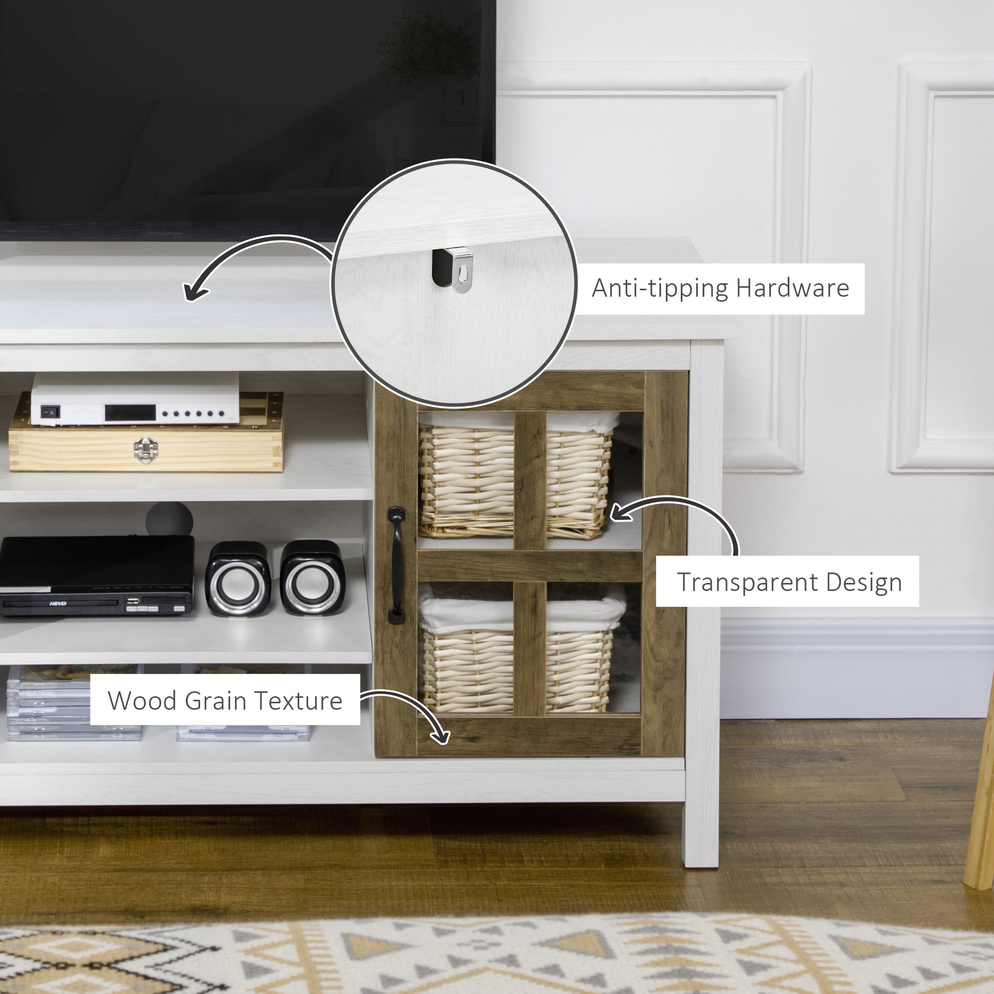 HOMCOM Modern Farmhouse TV Stand Cabinet for 55-inch TVs with Storage, White