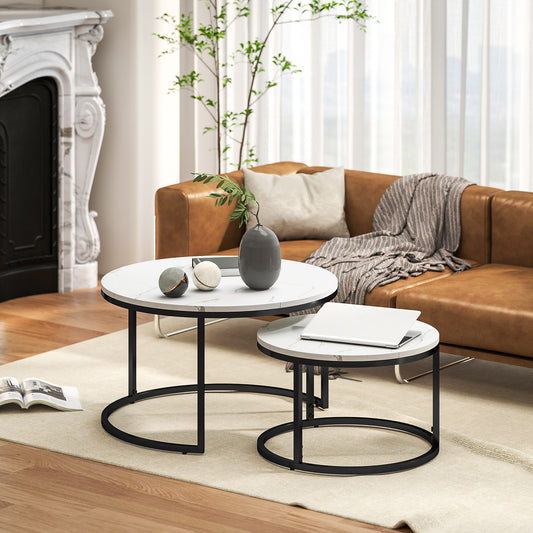 HOMCOM Modern Round Nesting Coffee Tables Set, White Faux Marble Top
