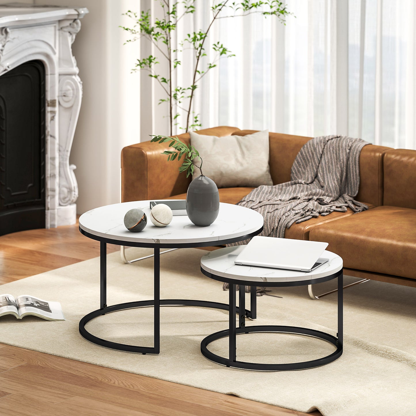 HOMCOM Modern 2-Piece Nesting Round Coffee Table Set, Metal Base