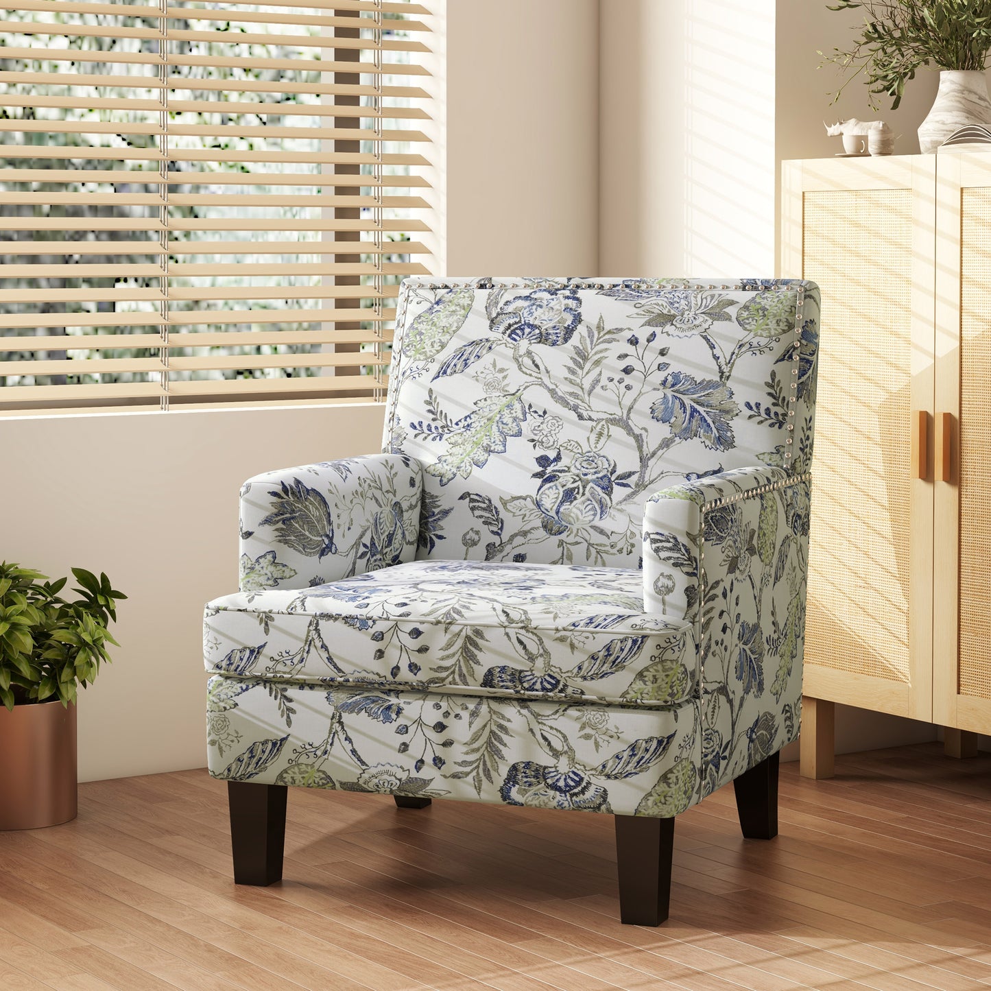 HOMCOM Mid-Century Upholstered Accent Armchair, Floral Pattern, Nailhead Trim, Multicolour
