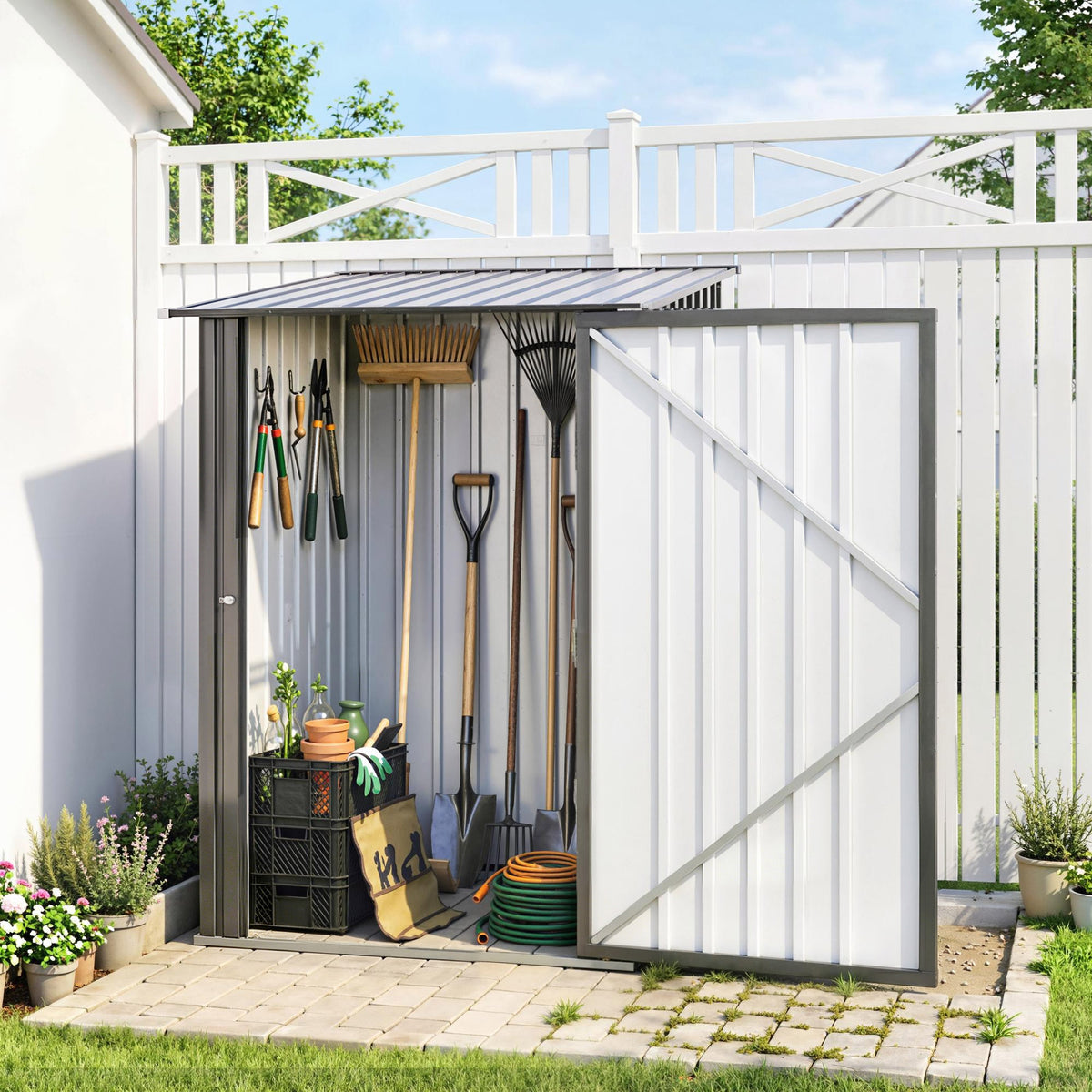 3.3' x 3.4' Lean-to Outdoor Garden Storage Shed, Galvanized Steel with Lockable Door for Patio – Dark Gray