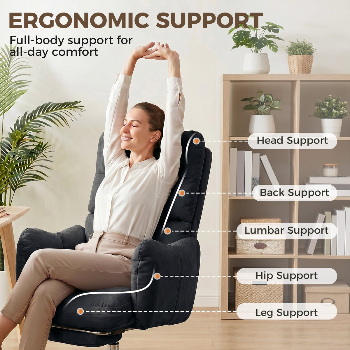 Office Chair with Footrest, Ergonomic Reclining Computer Gaming Chair with Snow Flannel Fabric, Black