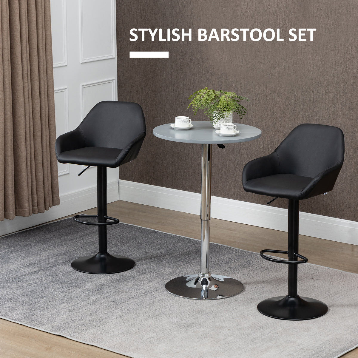 Retro PU Leather Swivel Bar Stools with Footrest and Mid Back, Round Base, Set of 2, Black