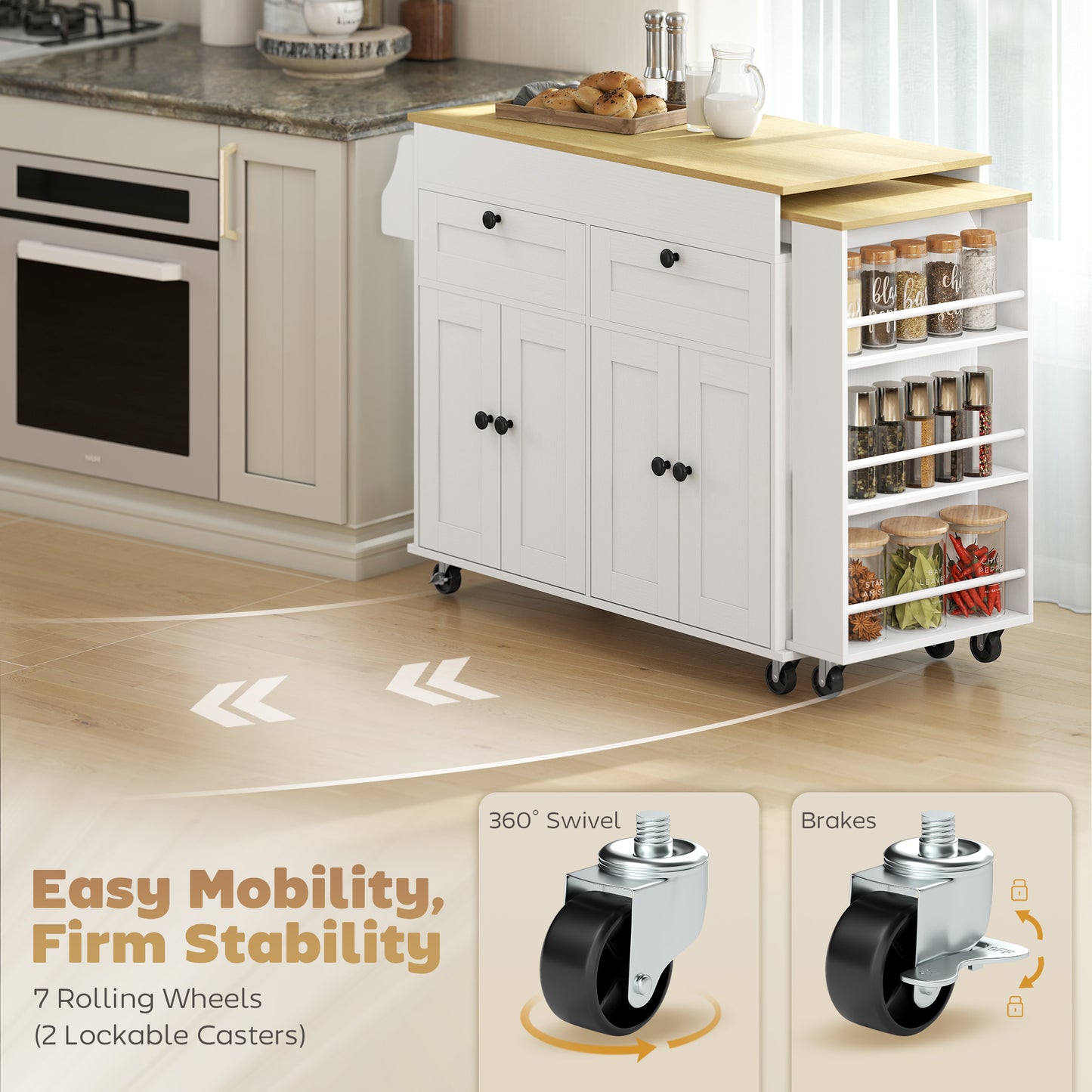 HOMCOM Kitchen Island with Expandable Sliding Top, Rolling Cart White
