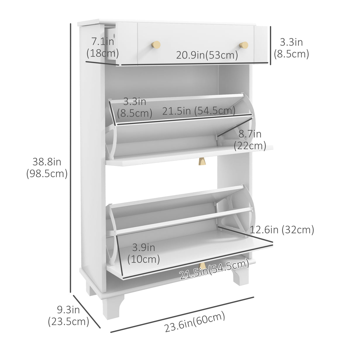 Slim Shoe Storage with 2 Flip Drawers and Adjustable Shelves – 24"W x 39"H