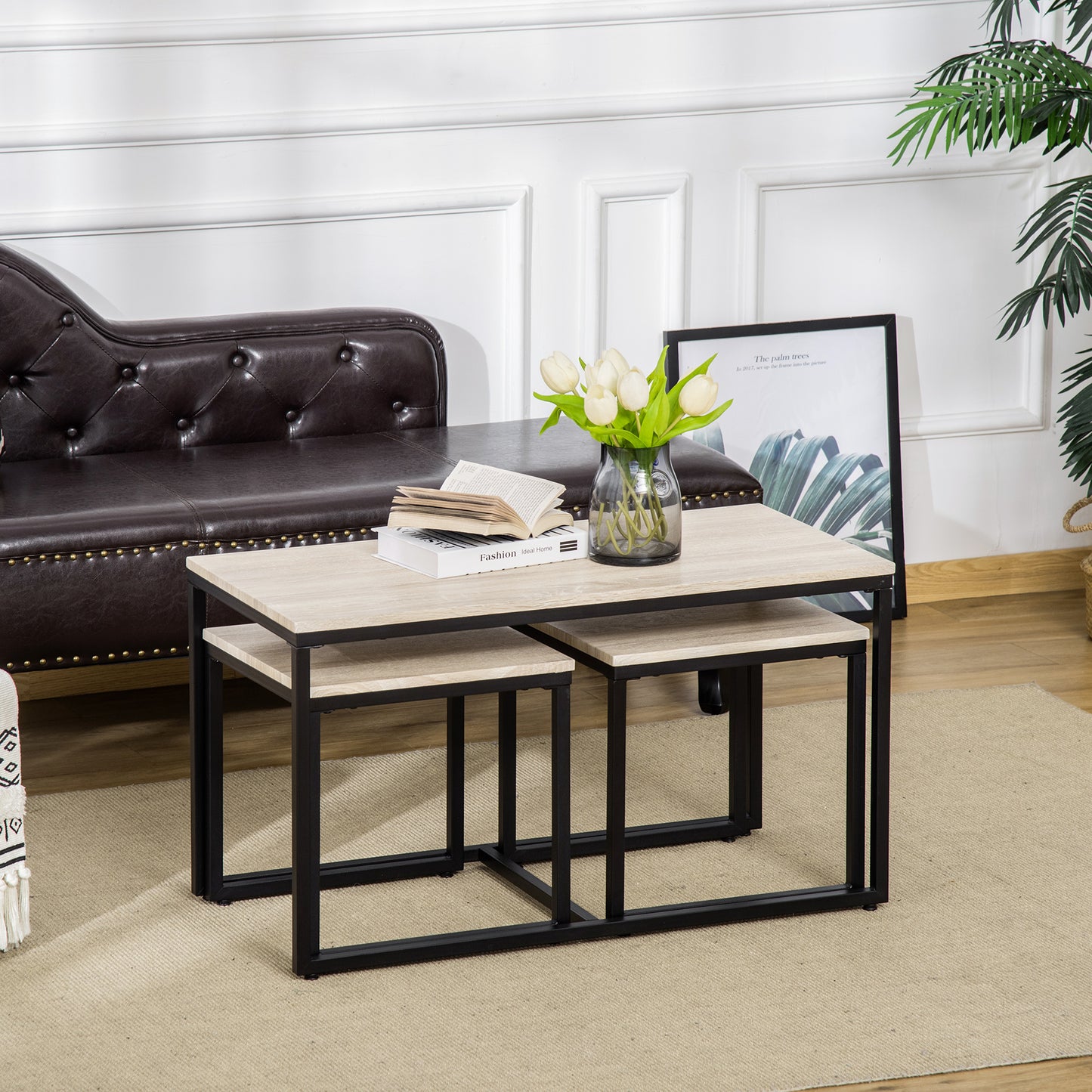 Modern Nesting Coffee Table Set, 3-Piece, Black Metal Frame, Natural Wood Grain