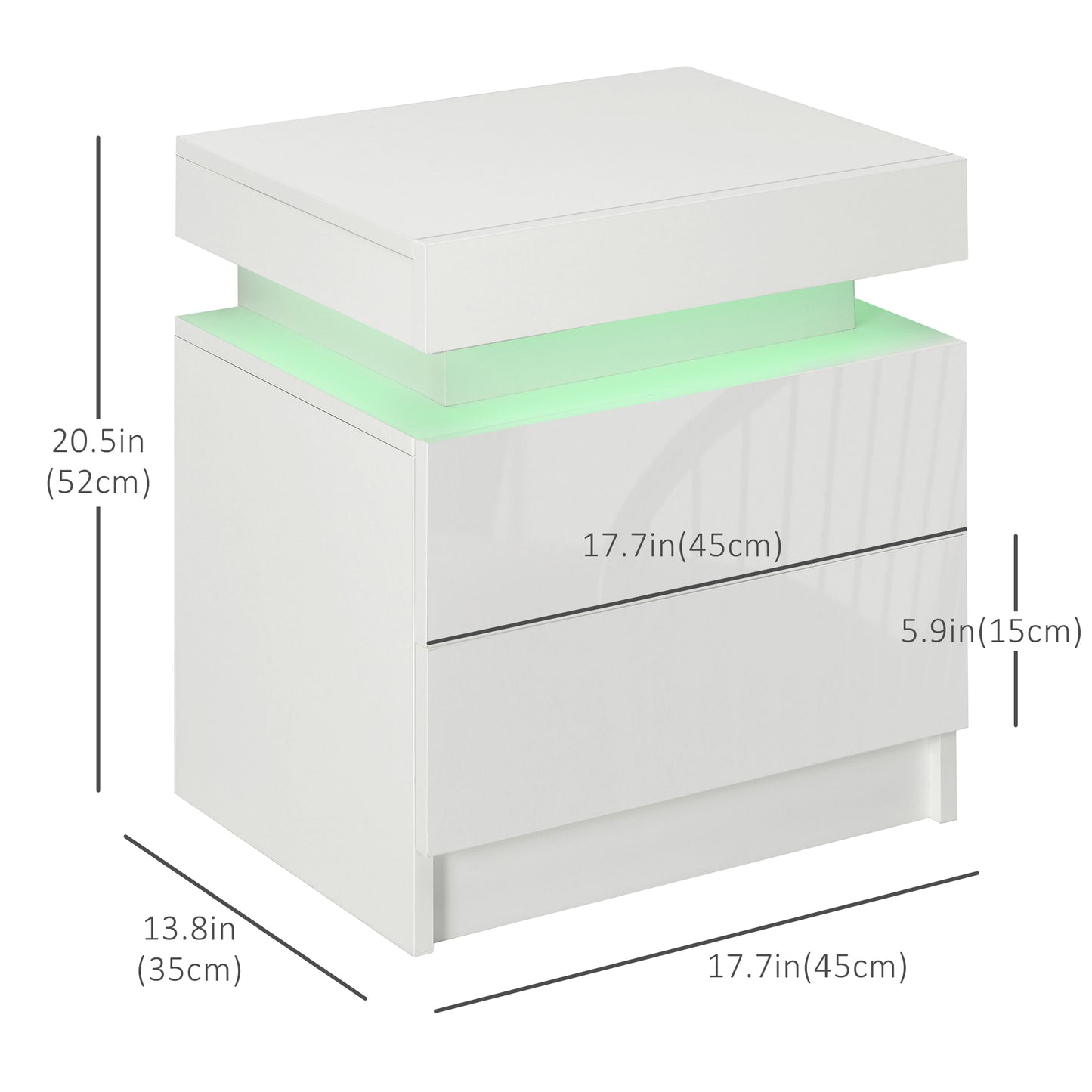 HOMCOM Modern LED Nightstand High Gloss Front 2-Drawer Bedside Table