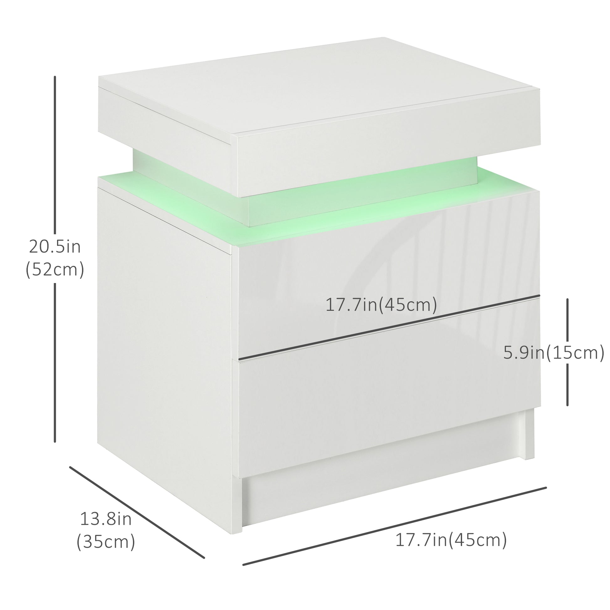 HOMCOM Modern LED Nightstand High Gloss Front 2-Drawer Bedside Table