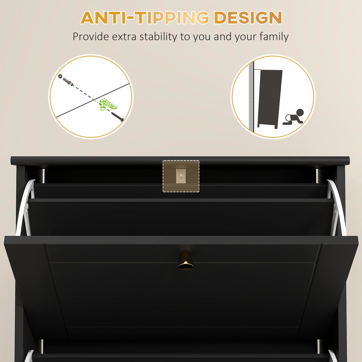 Narrow Shoe Storage with 3 Flip Drawers and Adjustable Shelves – 24"W x 49"H