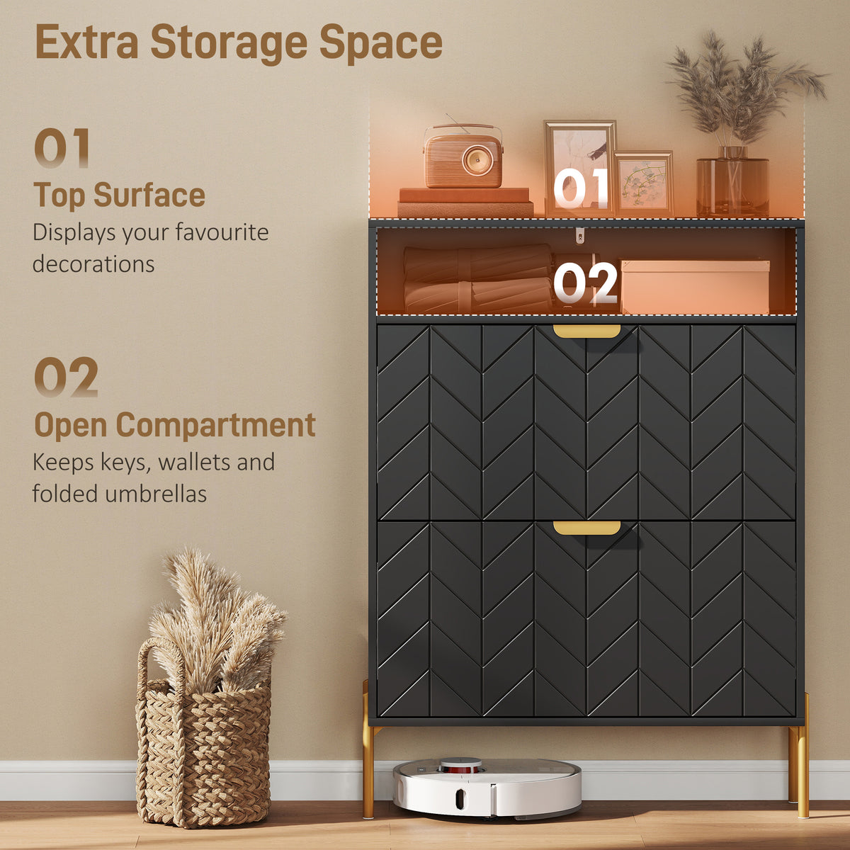 Shoe Cabinet with 2 Flip Drawers – 31"W x 43"H