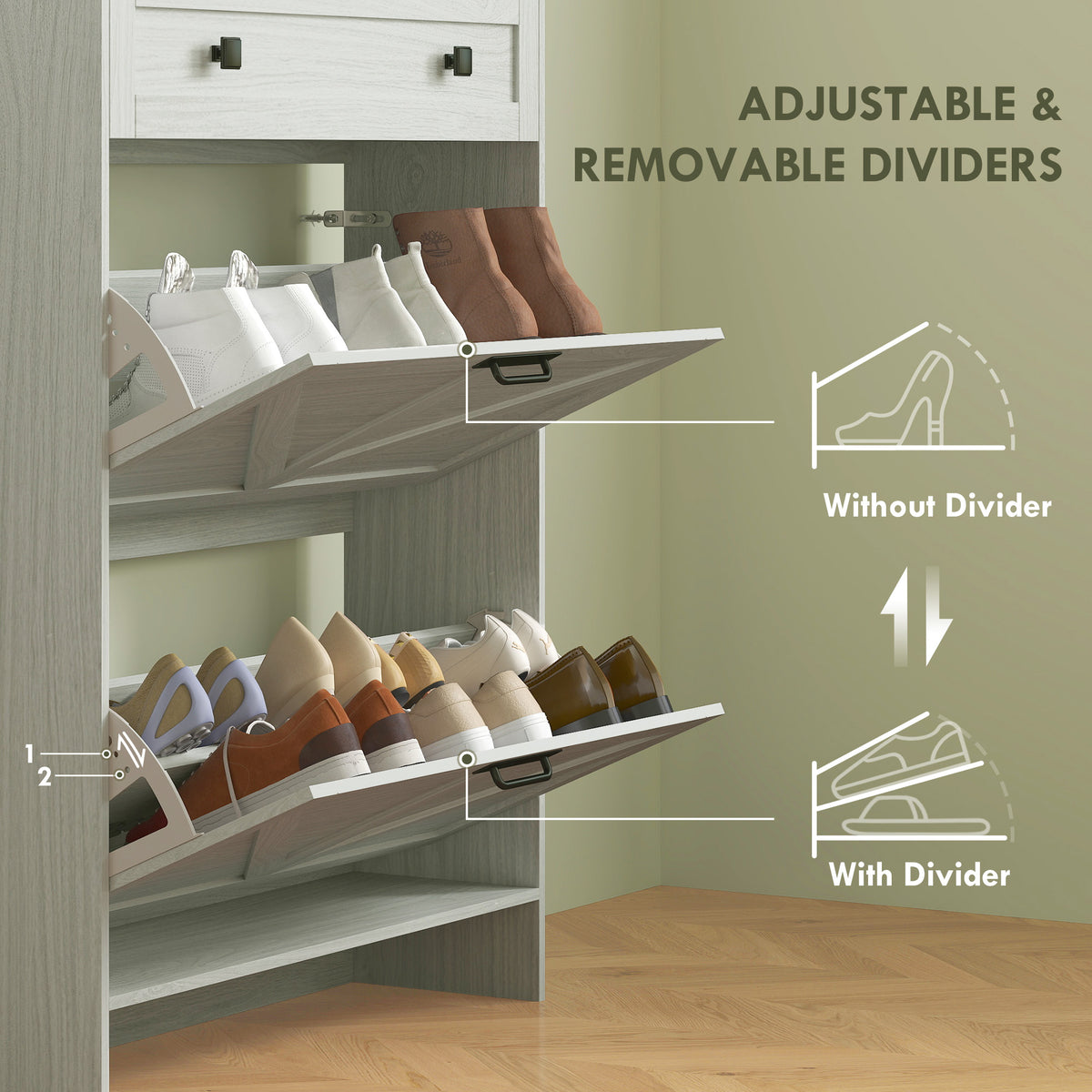 Farmhouse Narrow Shoe Cabinet with 2 Flip Drawers – 32"W x 43"H