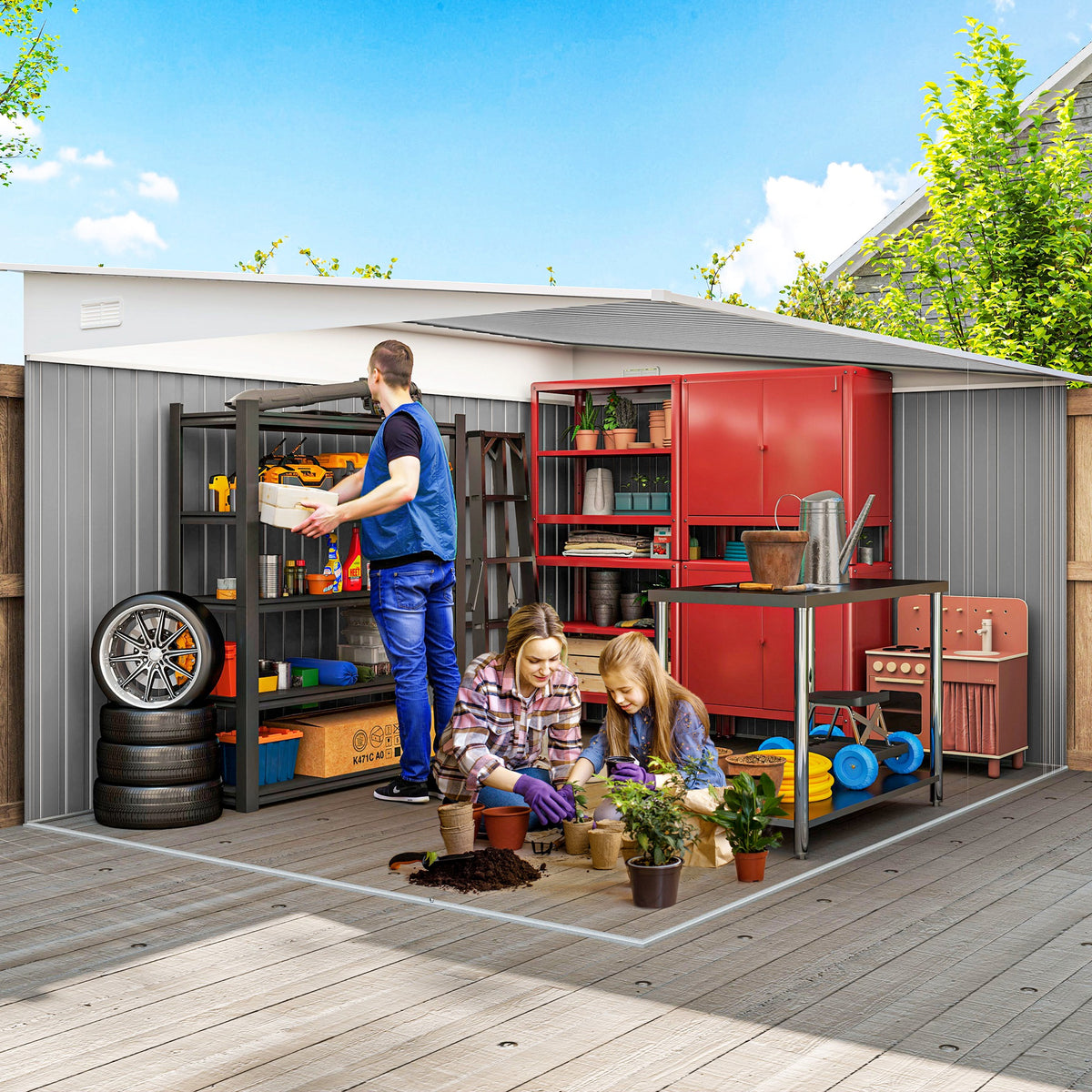 11' x 9' Steel Garden Storage Shed, Outdoor Metal Tool House with Double Sliding Doors – Green
