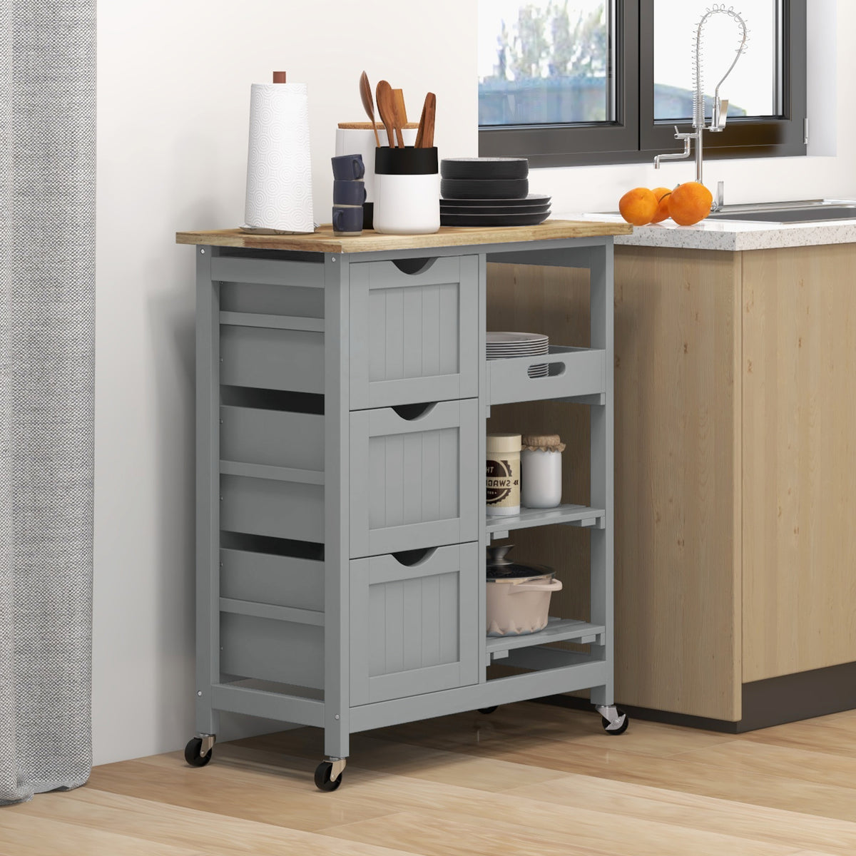 Rolling Kitchen Island Cart with Wood Top – 26"W x 34"H