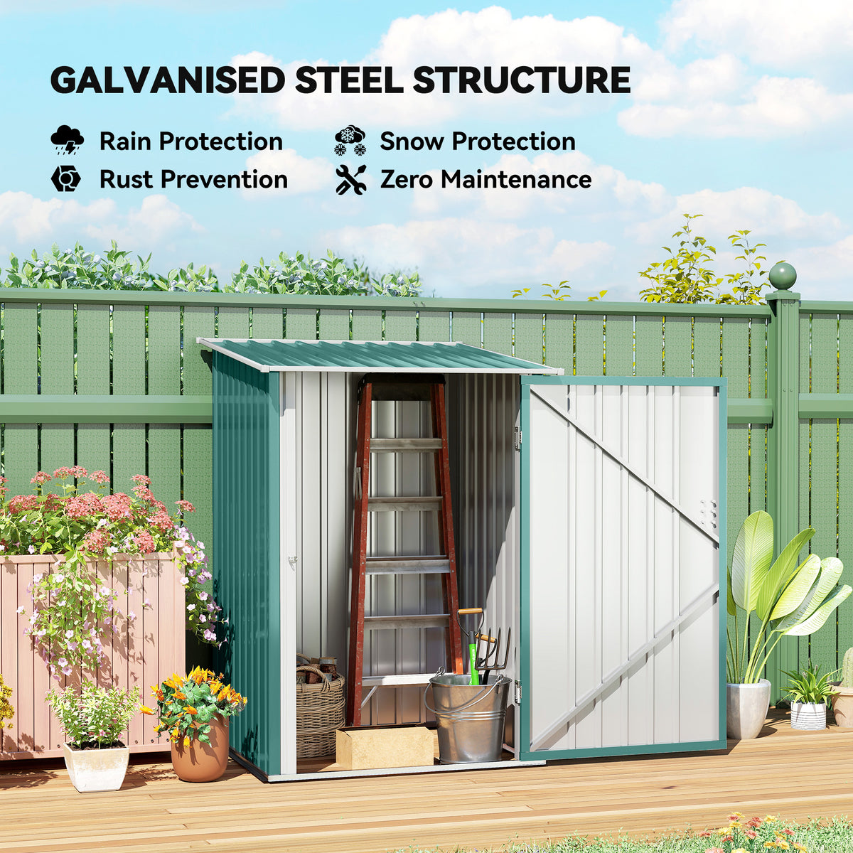 3.3' x 3.4' Lean-to Outdoor Garden Storage Shed, Galvanized Steel with Lockable Door for Patio – Green