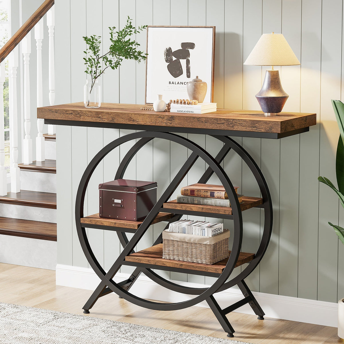 4-Tier Console Table, 39.4" Entryway Table with Geometric Metal Frame