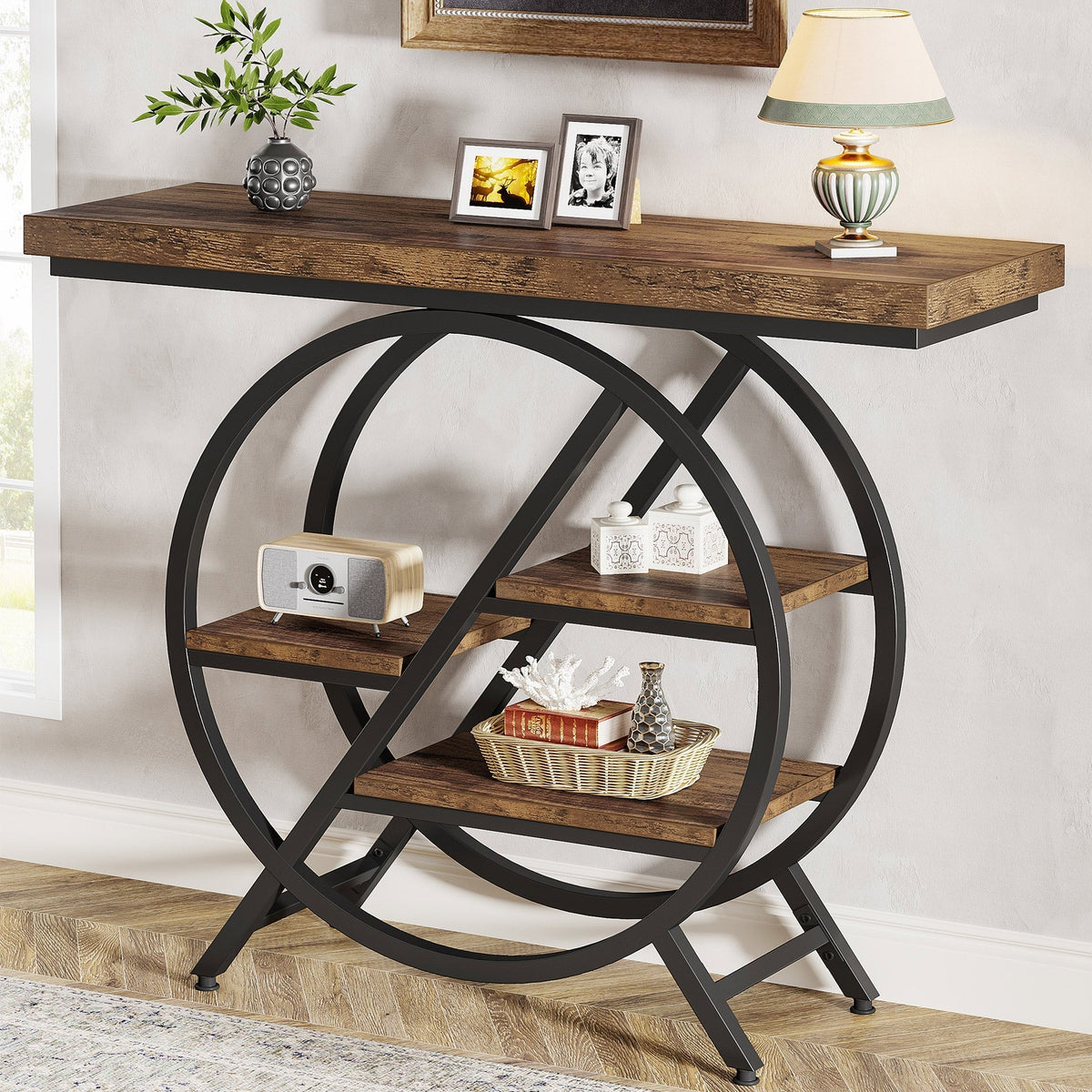 4-Tier Console Table, 39.4" Entryway Table with Geometric Metal Frame