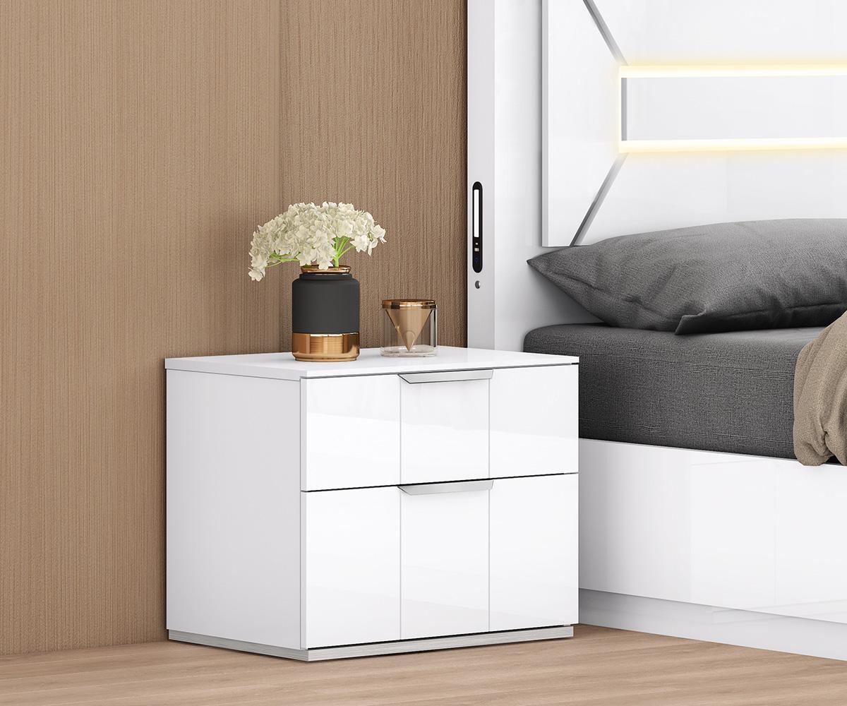 High-Shine Modern White Bed Featuring Built-In Storage, LEDs, and USB Charging