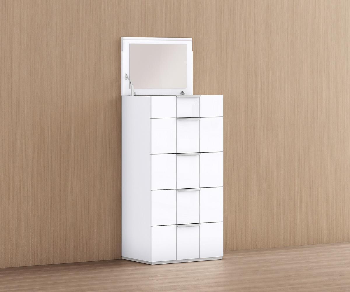 High-Shine Modern White Bed Featuring Built-In Storage, LEDs, and USB Charging