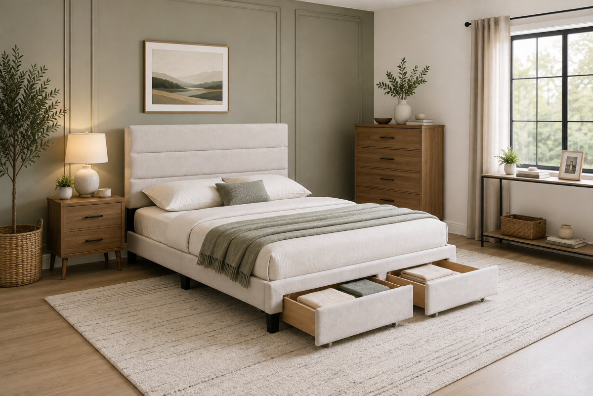 Channel-Tufted Solid Wood Platform Storage Bed