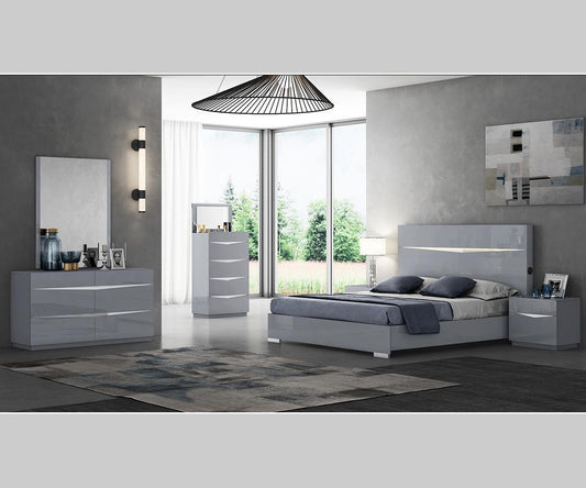 Nikos Modern King Bed with LED Headboard, Bluetooth Speakers, High Gloss Finish