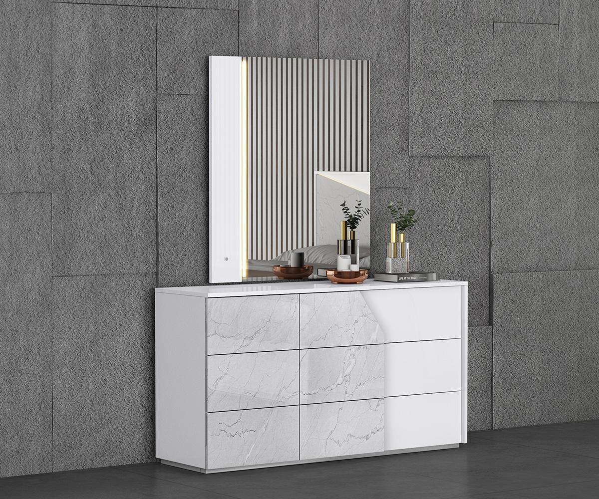 Modern Kyle White Carrara High Gloss Bedroom Set with LED, USB