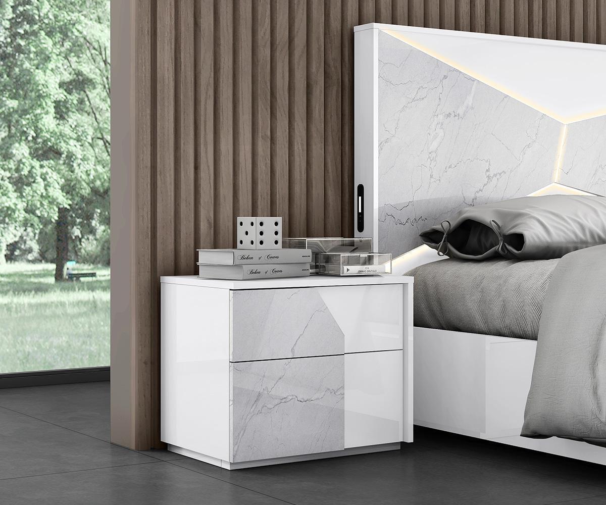 Modern Kyle White Carrara High Gloss Bedroom Set with LED, USB