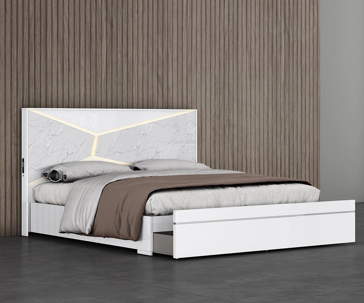 Kyle Modern King Bed: LED Headboard, USB, Storage, White Finish