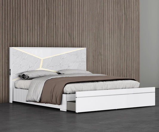 Kyle Modern King Bed: LED Headboard, USB, Storage, White Finish