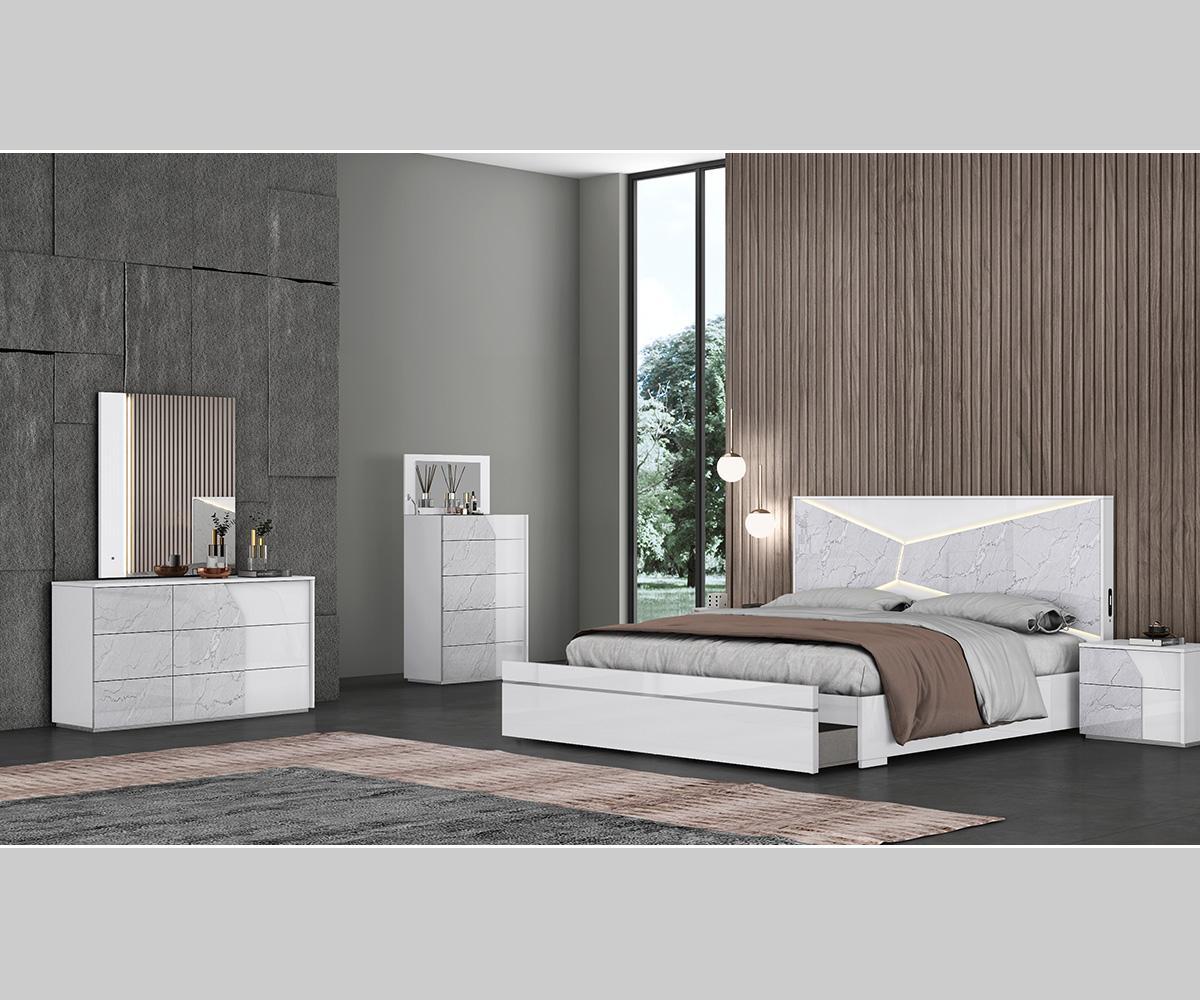 Modern Kyle White Carrara High Gloss Bedroom Set with LED, USB