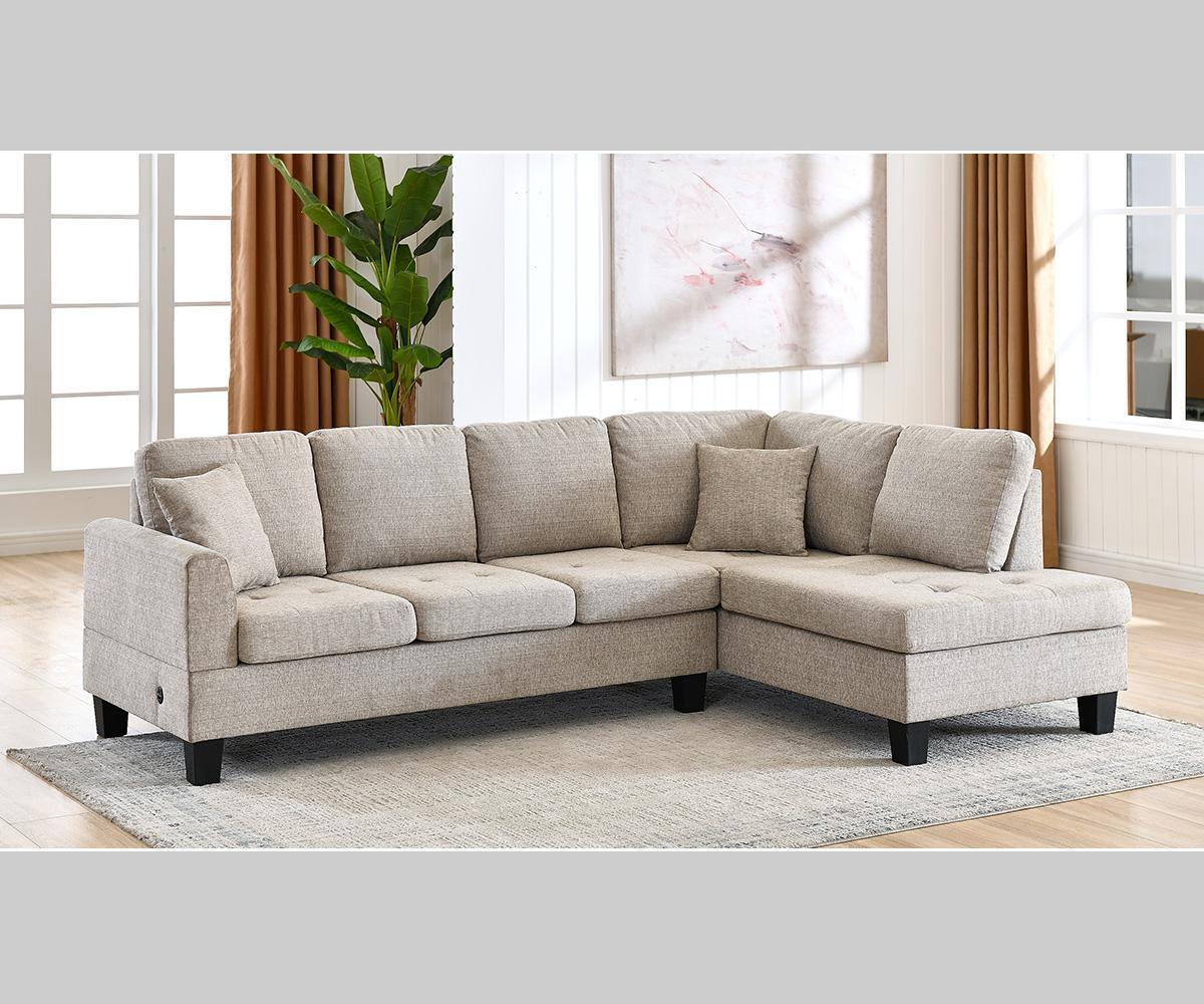 Nolan Fabric Sectional Sofa with USB Port, Plush Seating, Wooden Legs, Almond