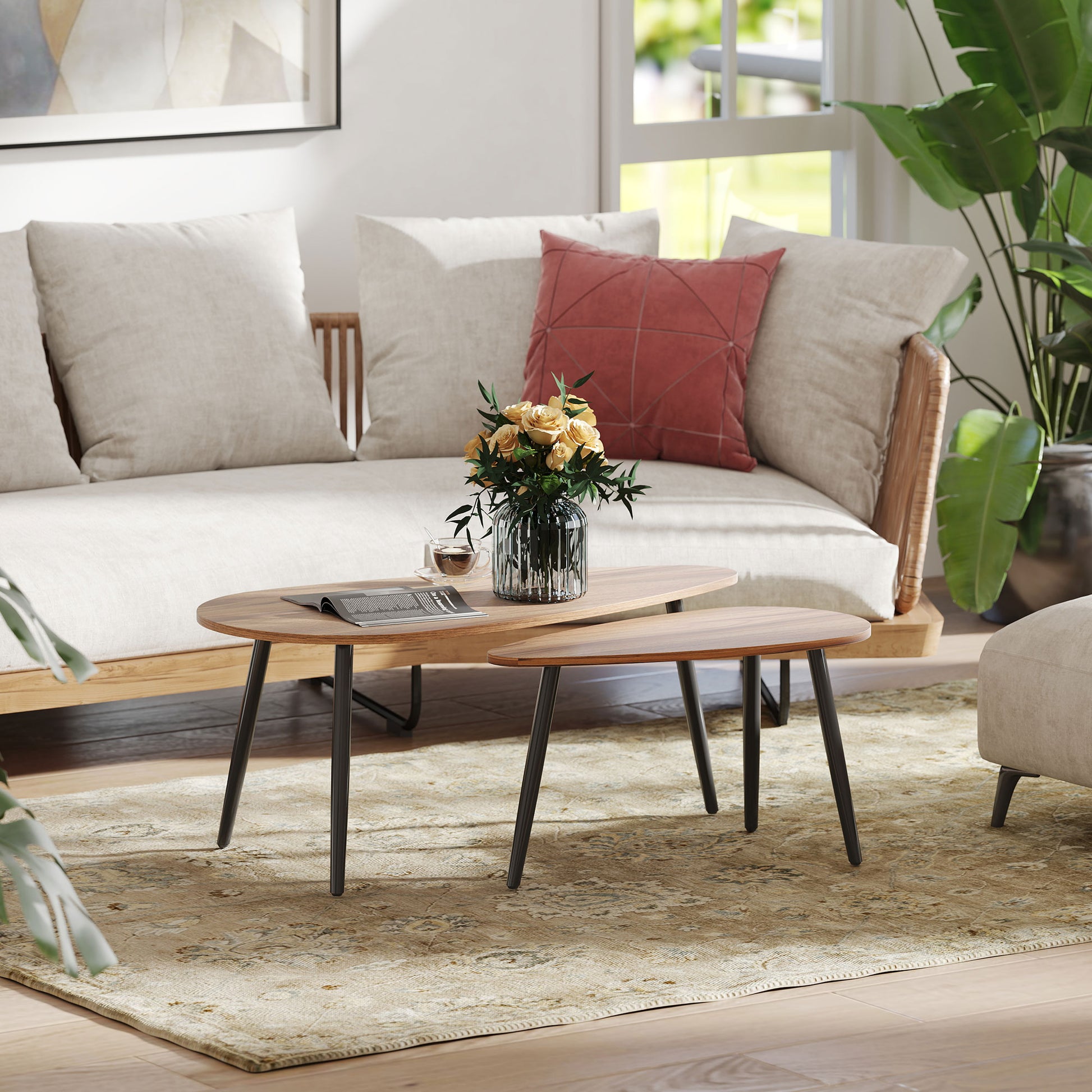 HOMCOM Industrial 2-Piece Nesting Coffee Table Set, Brown Wood-Effect Steel Legs