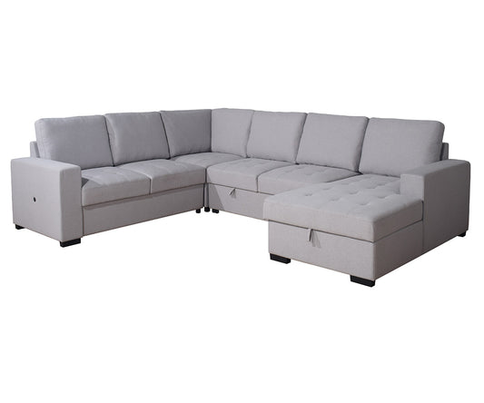 Xander Grey Fabric Sectional Sofa: Tufted, USB, Storage Chaise, Convertible Bed
