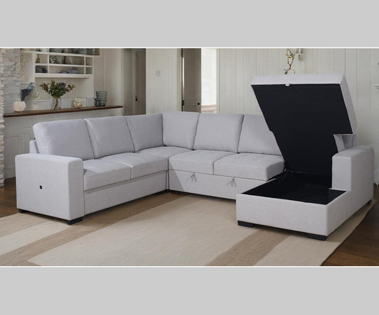 Xander Grey Fabric Sectional Sofa: Tufted, USB, Storage Chaise, Convertible Bed