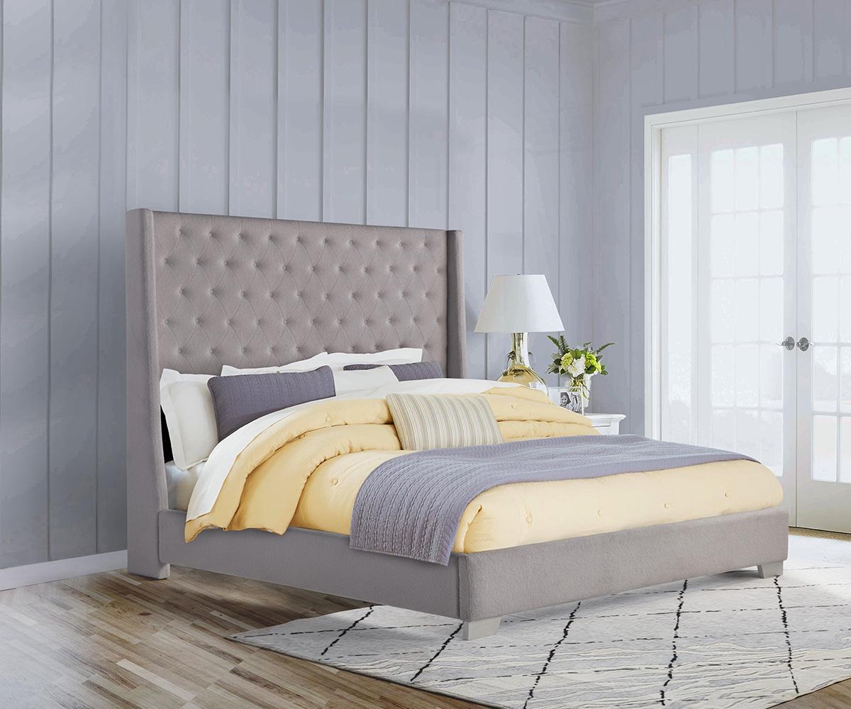 Stylish King Size Boucle Fabric Upholstered Bed, Button Tufted Design, Metal Legs