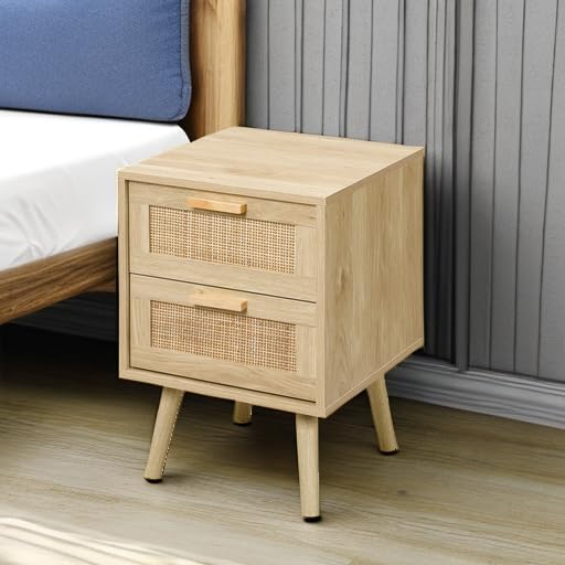 Side Table with 2 Hand Made Rattan Decorated Drawers, Nightstands Set of 2, Wood Accent Table with Storage for Bedroom, Natural, 2 Pack