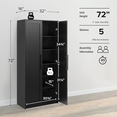 Tall Garage Storage Cabinet & Pantry Storage Cabinet, 2-Door Freestanding Garage Cabinet with Adjustable Shelves, 16"D x 32"W x 65"H, Black BES-3264