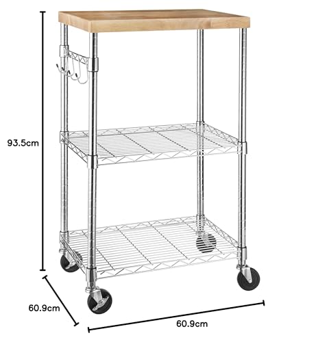 Portable Kitchen Storage Rack on Caster Wheels with Adjustable Shelves, 175 Pound Capacity, 21 x 15 x 36.7 inches (LxWxH), Wood/Chrome