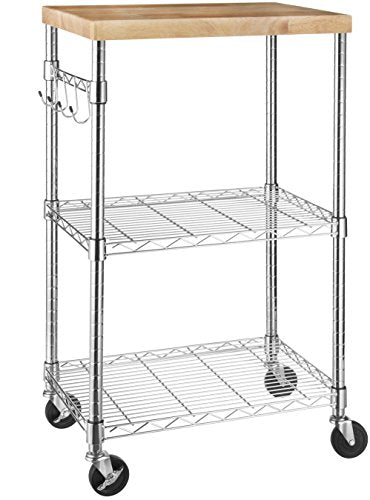 Portable Kitchen Storage Rack on Caster Wheels with Adjustable Shelves, 175 Pound Capacity, 21 x 15 x 36.7 inches (LxWxH), Wood/Chrome