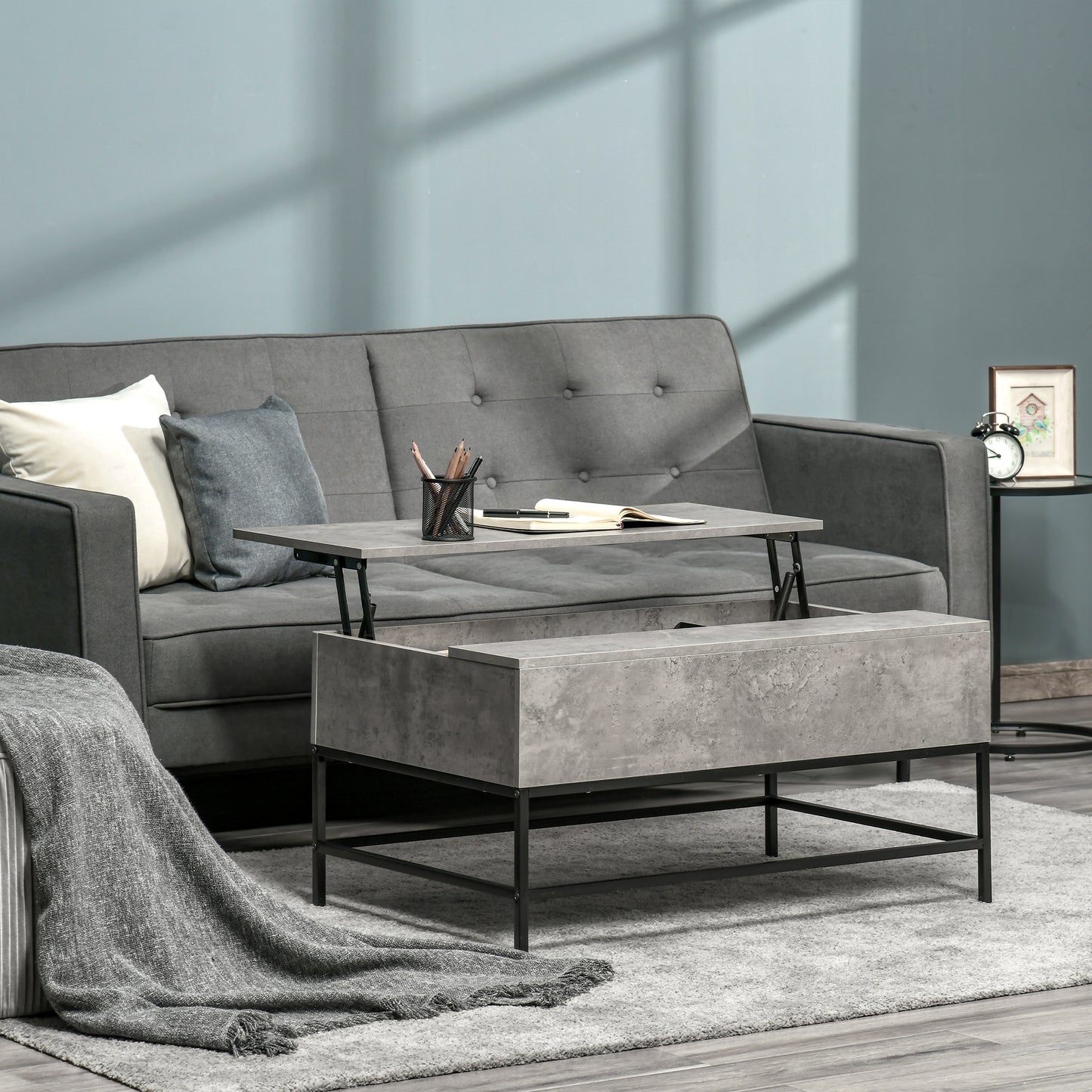 Modern Grey Lift Top Coffee Table with Hidden Storage, Adjustable Height, Faux Marble Finish