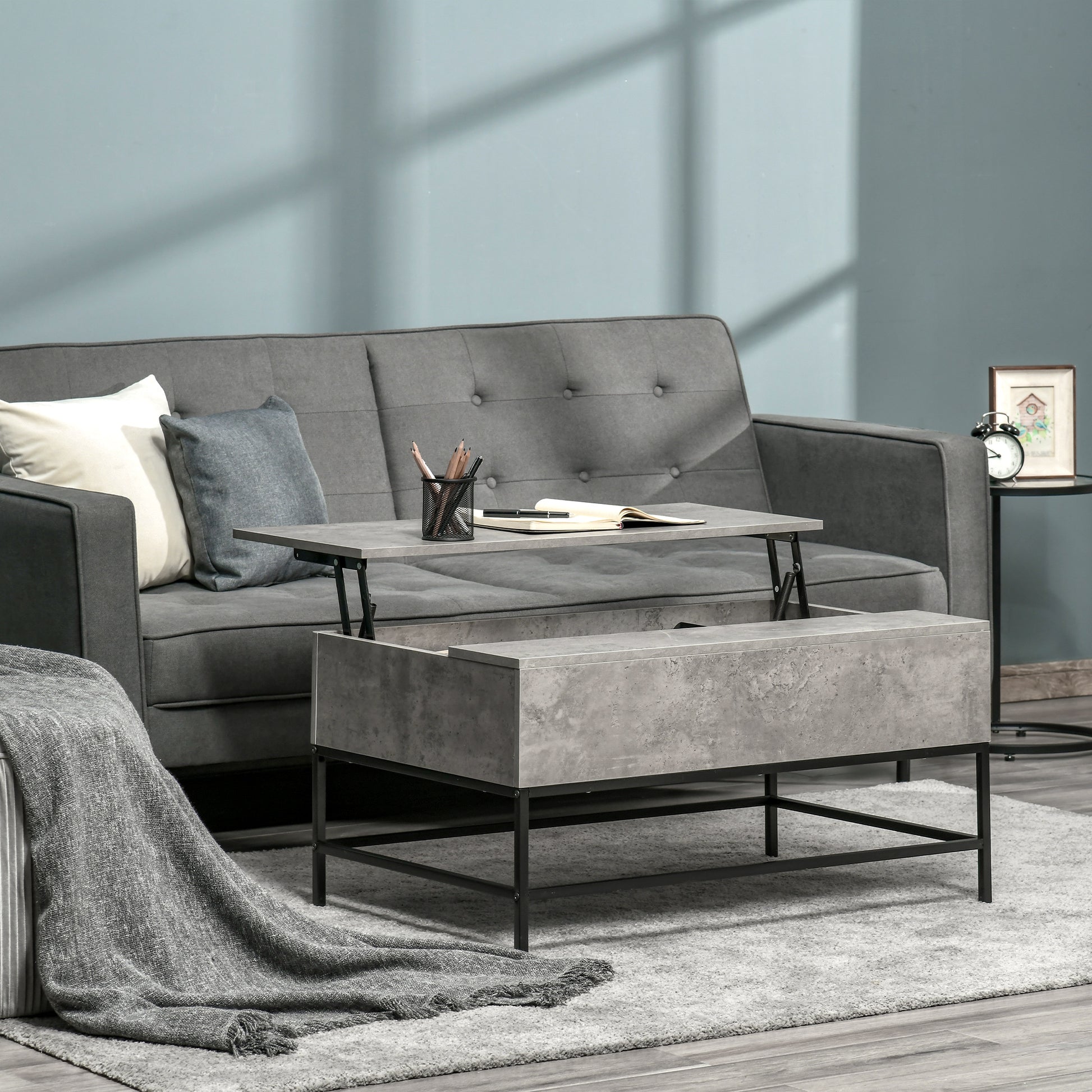 Modern Grey Lift Top Coffee Table with Hidden Storage, Adjustable Height, Faux Marble Finish