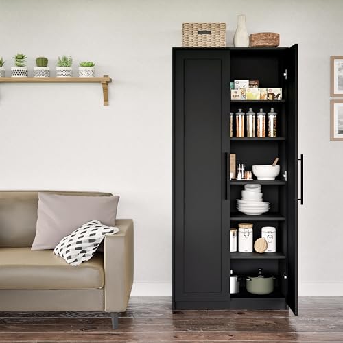 Tall Garage Storage Cabinet & Pantry Storage Cabinet, 2-Door Freestanding Garage Cabinet with Adjustable Shelves, 16"D x 32"W x 65"H, Black BES-3264