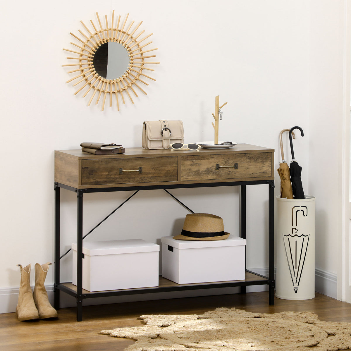 39" Vintage Console Table with Drawers & Storage Shelf